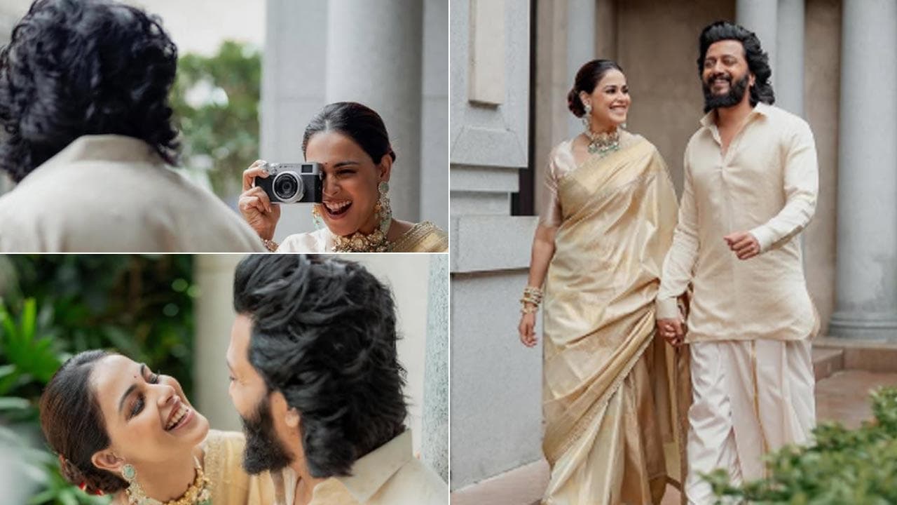 Genelia D'Souza and Riteish Deshmukh look royal and happy as they twin in ivory outfits